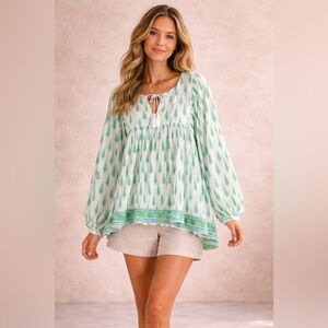Boho Cotton Peasant Blouse Green Patterned Tunic Top Size M Relaxed Fit Summer
